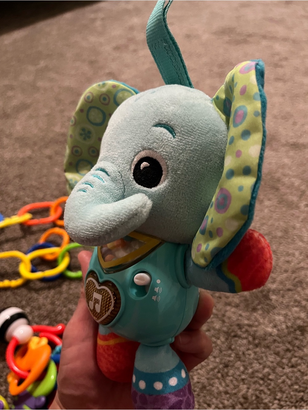 Baby Elephant Musical Plush Toy with Rainbow Link Rings - Teal/Multicolor - Picture 2 of 2